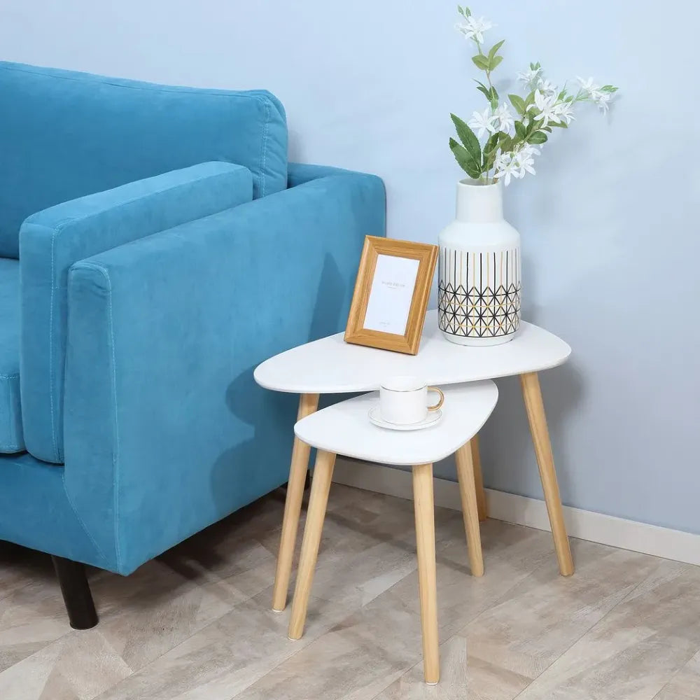 Side Table Set of 2 Nested Coffee Table W/ Solid Wood Legs Living Room White