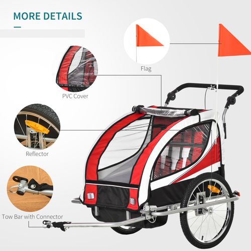 HOMCOM Child Bike Trailer, Baby Bicycle Trailer for 2 Kids with 5 Point Harness, Steel Frame, Reflectors, Safety Flag, Hitch Coupler, Red
