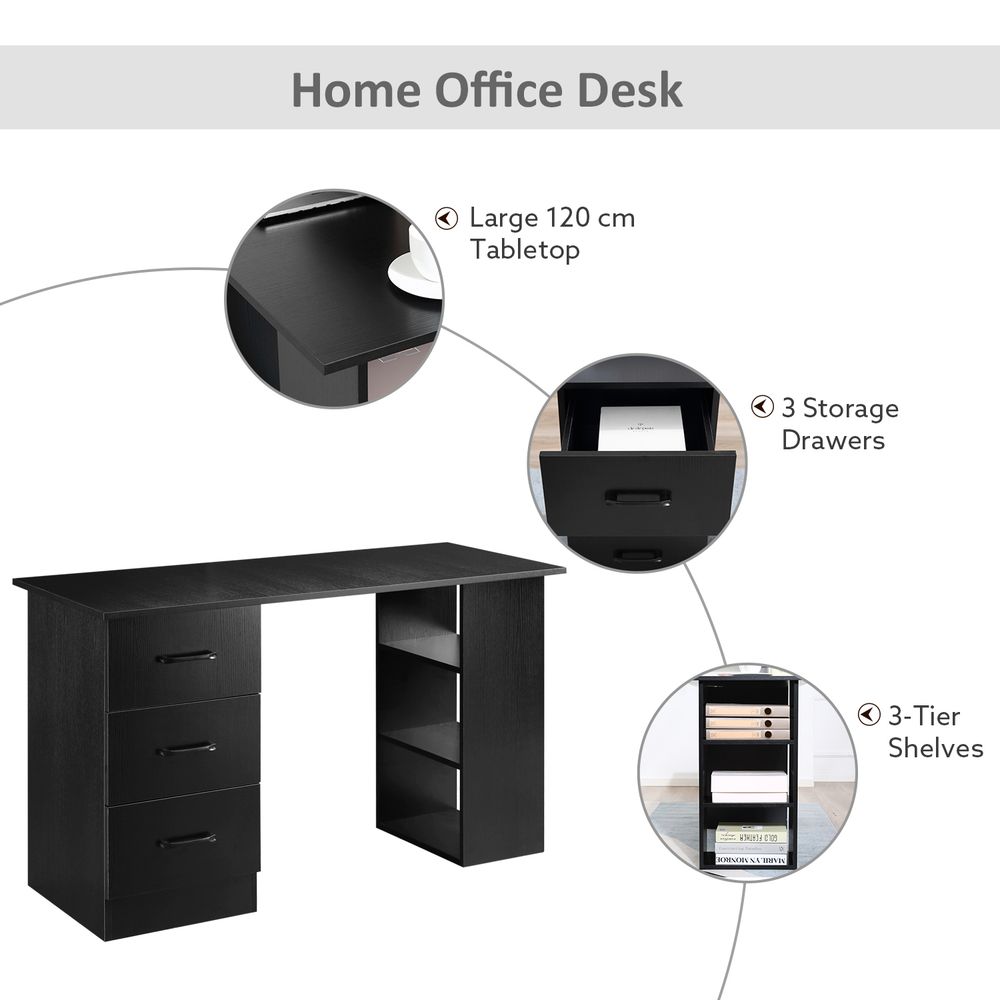 Modern Black 120cm Computer Desk Shelf, Drawers - High-Quality Black
