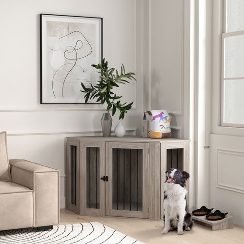PawHut Dog Crate Furniture for Large Dogs w/ Cushion, Door - Walnut Brown