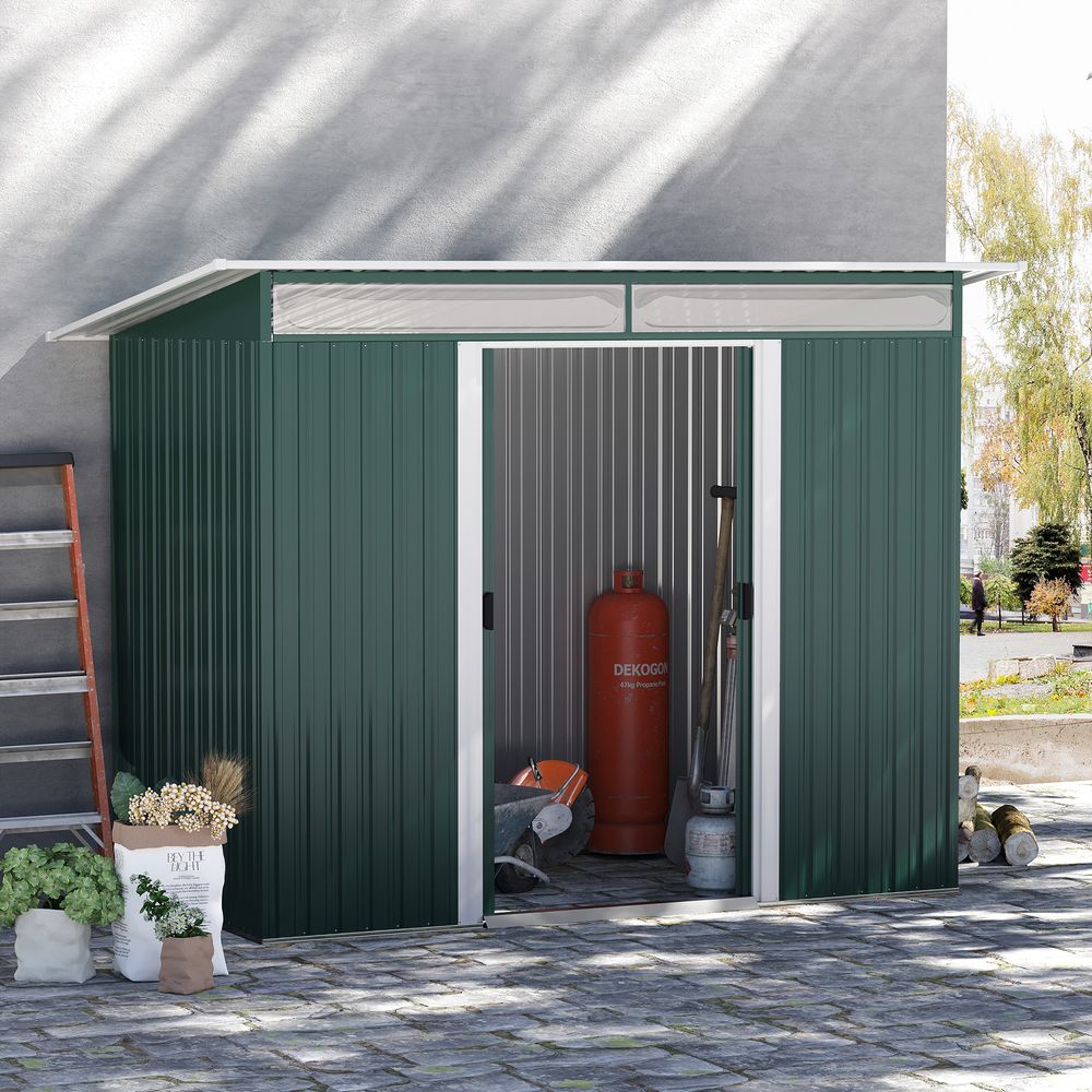 Pent Roofed Metal Shed Foundation Vent 260x133x200cm Sliding Door Green