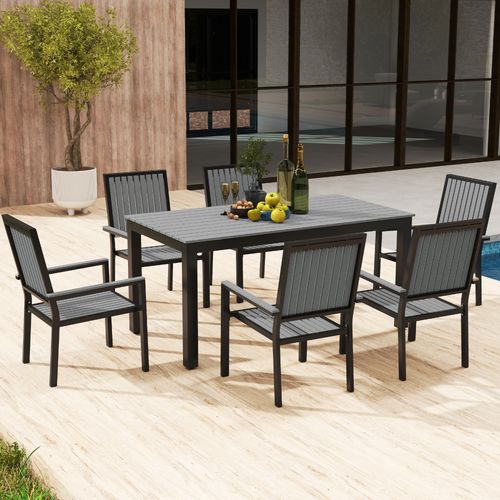 Outsunny 6 Seater Aluminium Garden Dining Set with Stackable Chairs, Grey