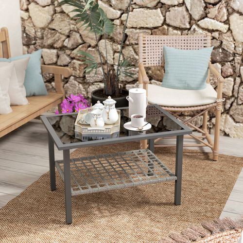 Outsunny Outdoor Rattan Coffee Table, Rectangular Tea Side Table, Mixed-grey
