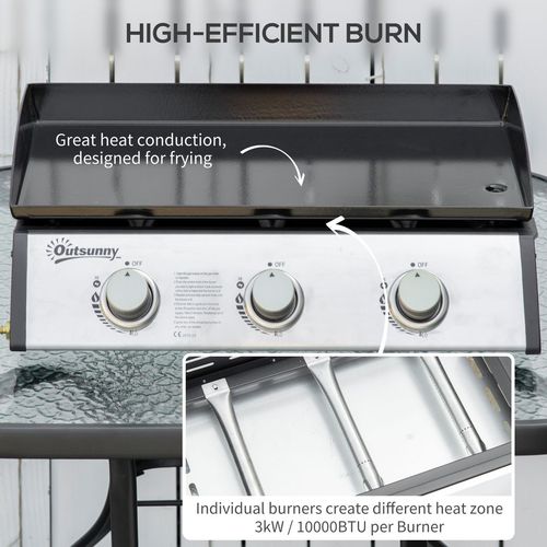 Outsunny Portable Gas Plancha BBQ Grill with 3 Stainless Steel Burner, 9kW