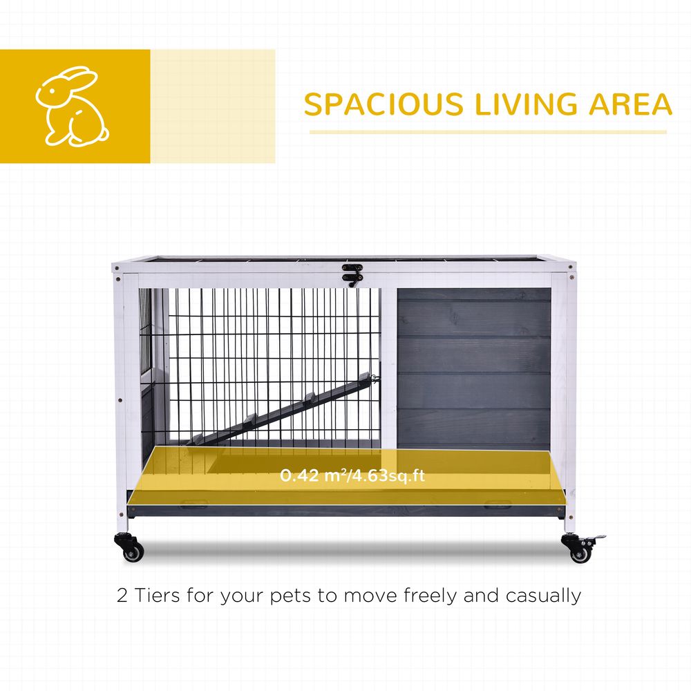 PawHut Wooden Rabbit Hutch Guinea Pigs House Bunny Small Animal Cage Openable Roof Portable Indoor Enclosed Run 90 x 53 x 59 cm White