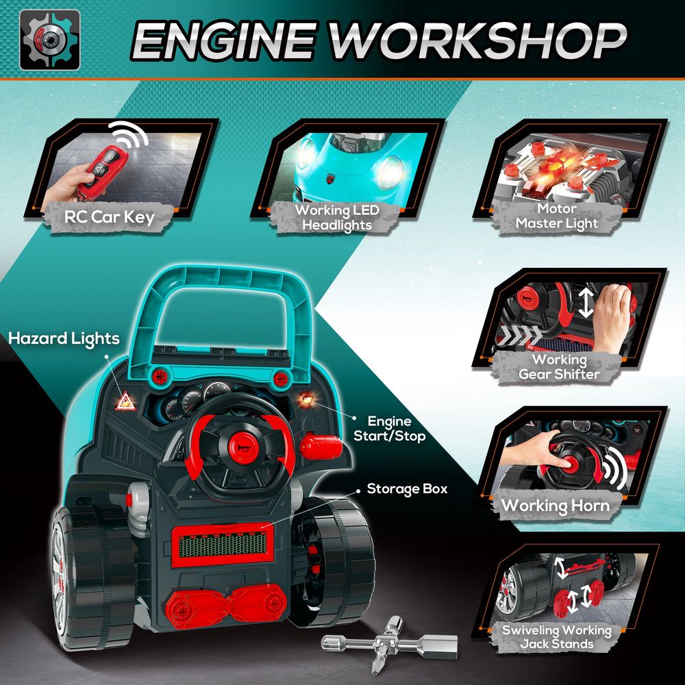 HOMCOM Kids Truck Engine Toy Set Toddler Educational Car Service Station w/RC Car Key Steering Wheel Horn Light, Mechanic Gifts for Ages 3-5 Years - Teal