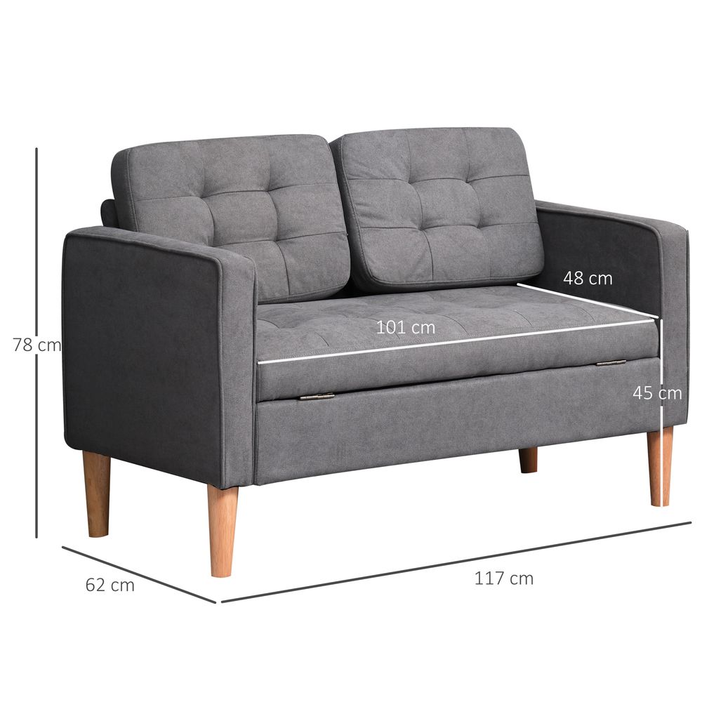 HOMCOM Compact Loveseat Sofa - 2 Seater with Storage & Wood Legs in Grey