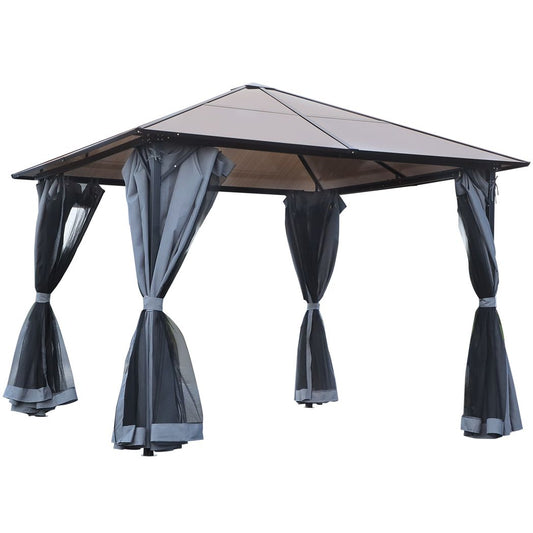 Carousel 3x3(m) Polycarbonate Hardtop Gazebo Canopy w/ Aluminium Frame Netting & Curtains Grey