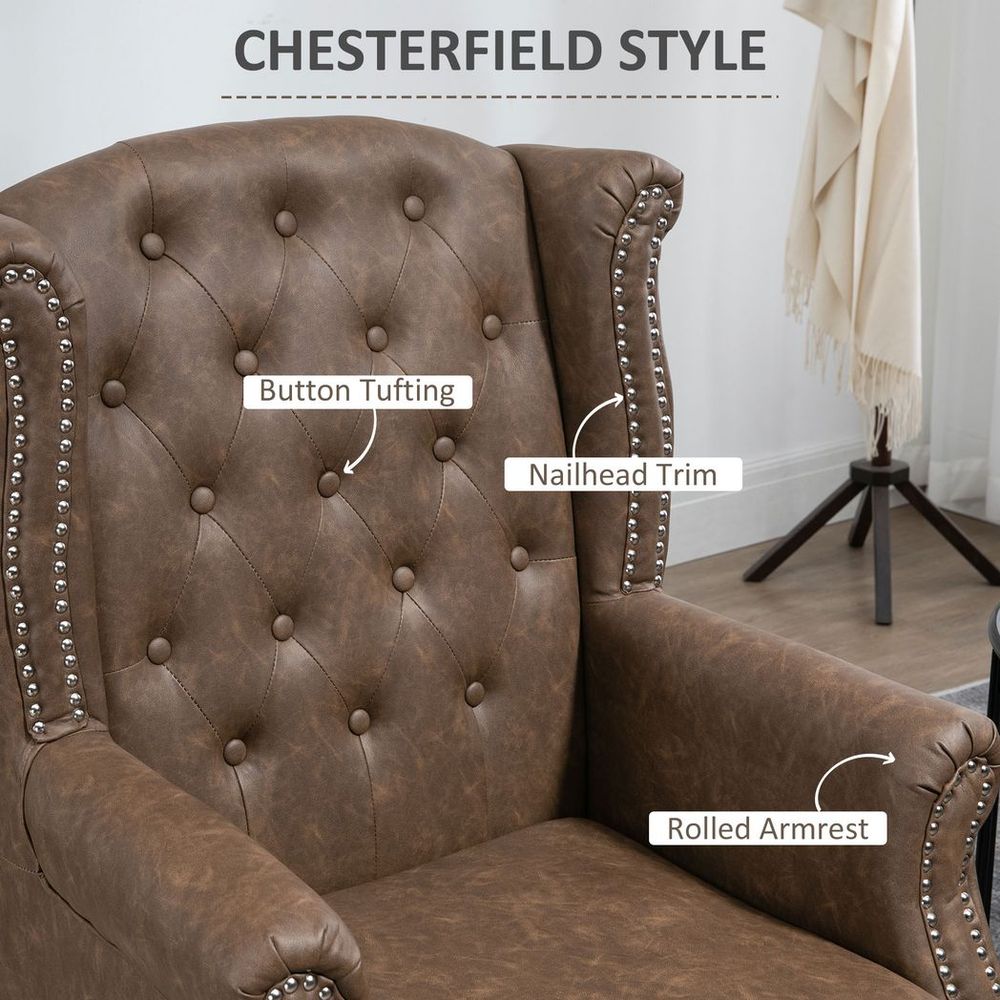 Vintage Chesterfield Wing Back Armchair - Tufted Brown Accent Chair