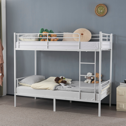 Twin Over Twin Bunk Bed for Kids Teens Adults, Heavy Duty Metal Bunk Bed with Ladder & Full-Length Guard Rail & Storage Space, White