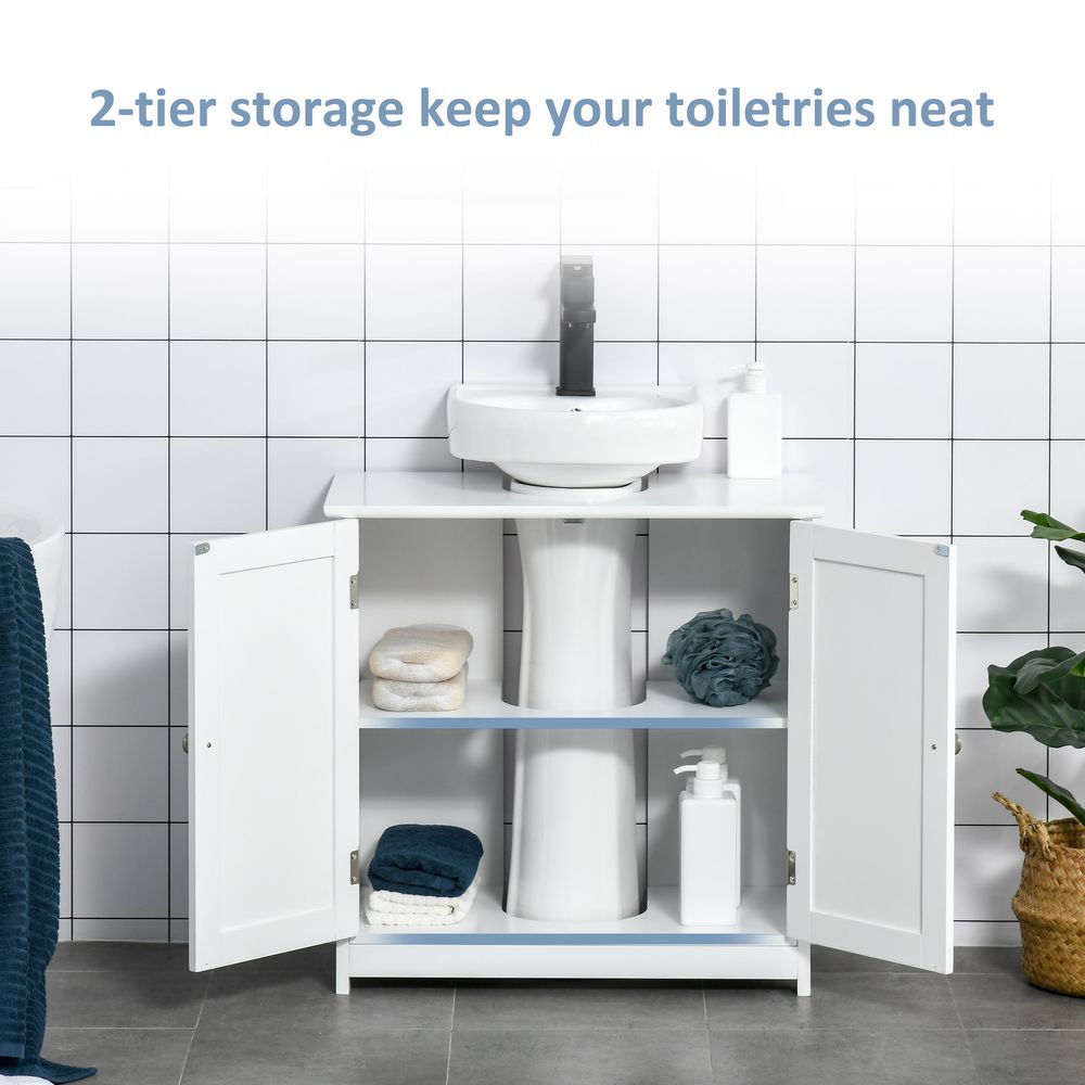 kleankin 60x60cm Under-Sink Storage Cabinet w/Adjustable Shelf Handles Drain Hole Bathroom Cabinet Space Saver Organizer White
