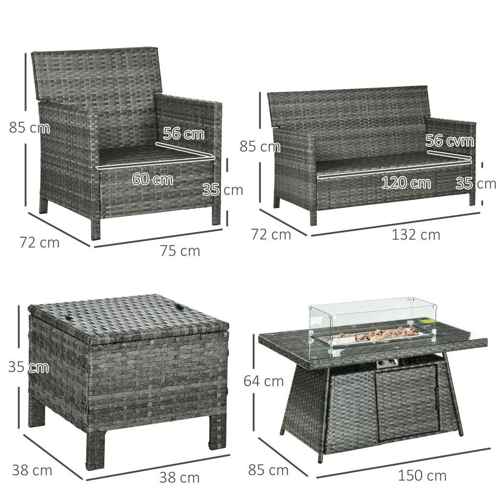 Outsunny Rattan Garden Furniture Sofa Set - Armchairs, Footstools, Fire PitTable