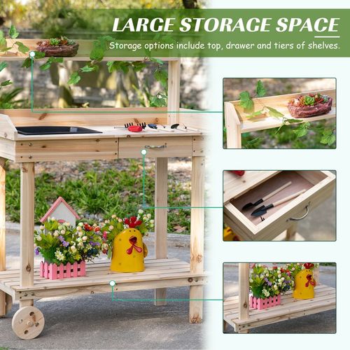 Wooden Bench Work Table & 2 Wheels, Sink, Drawer & Storage Spaces, 92x45x119cm