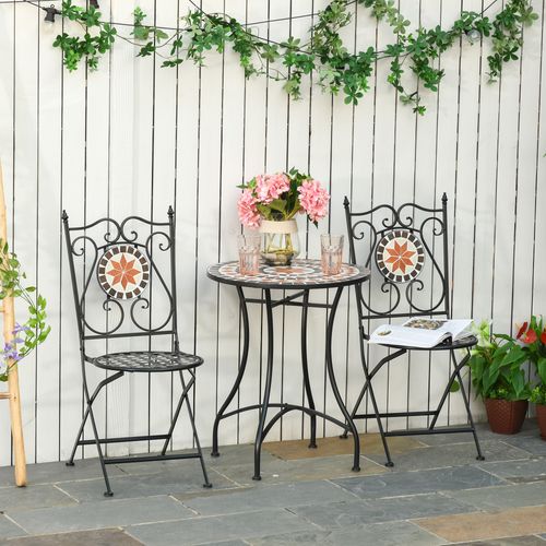 Outsunny 3PCs Garden Set 1 Ceramic Tile Round Table and 2 Foldable Chairs