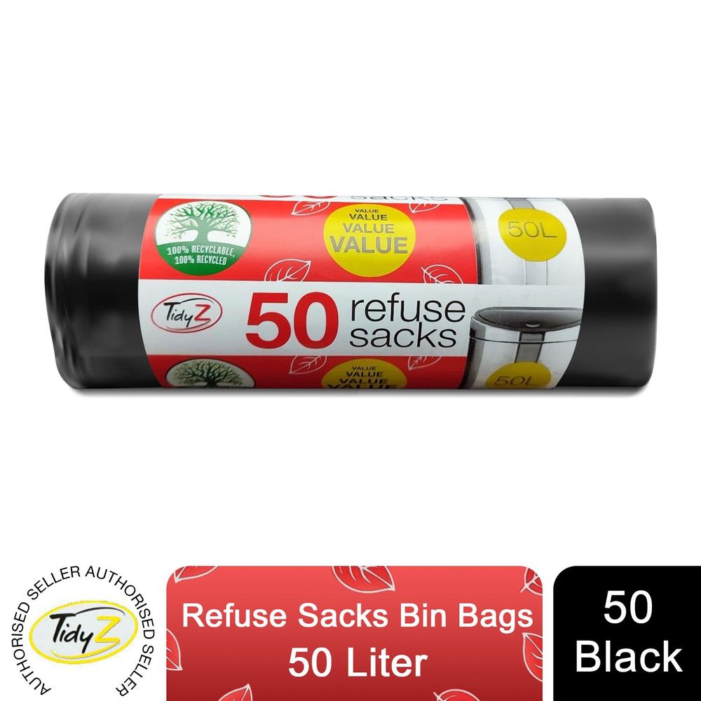 Tidyz Drawstring Refuse Sacks Bin Bags, Black,50L(Select Your Pack)