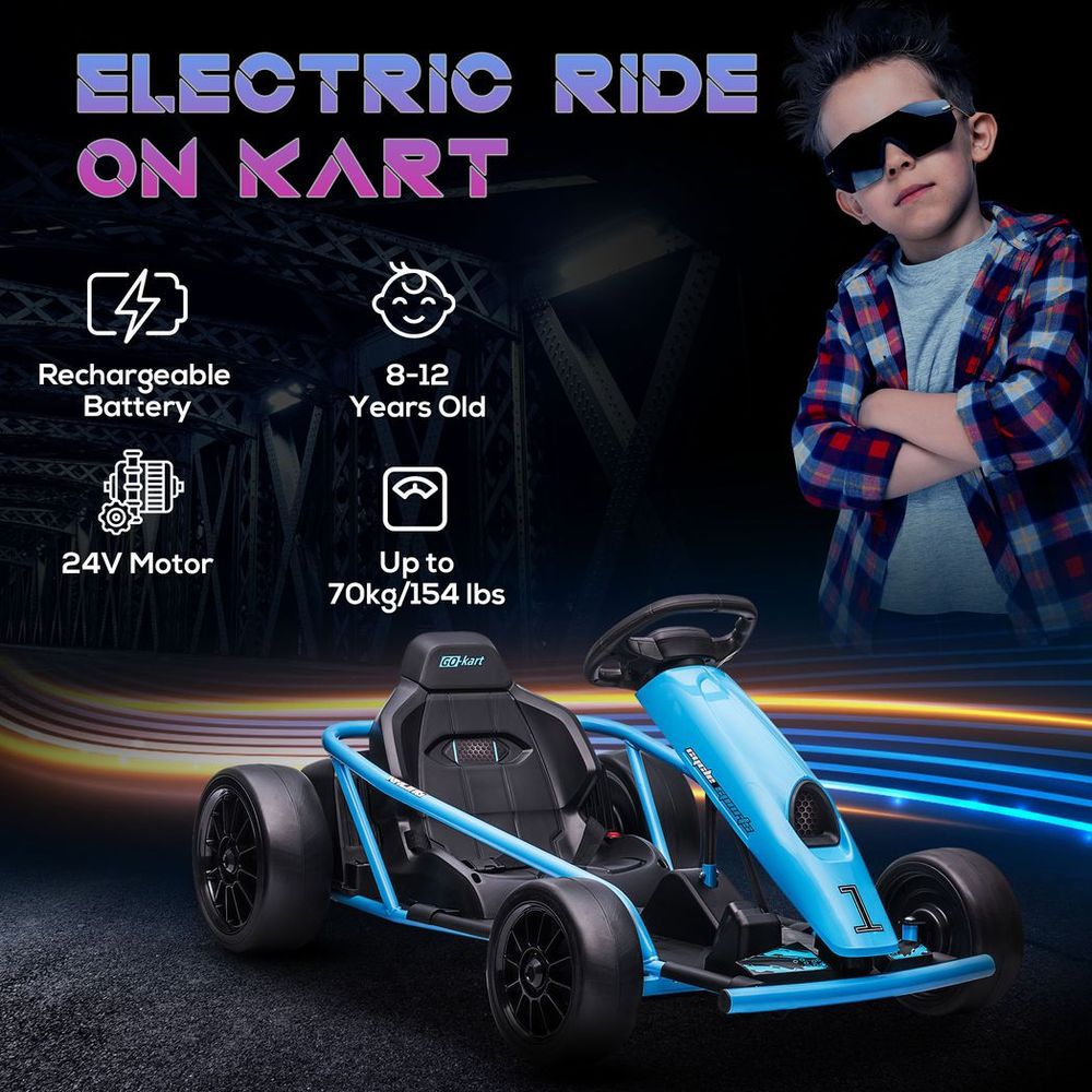 HOMCOM 24V Electric Go Kart for Kids, Drifting Ride-On Racing Go Kart with Slow Start, Music, Horn Honking and Safety Belt, for 8-12 Years Old, Blue