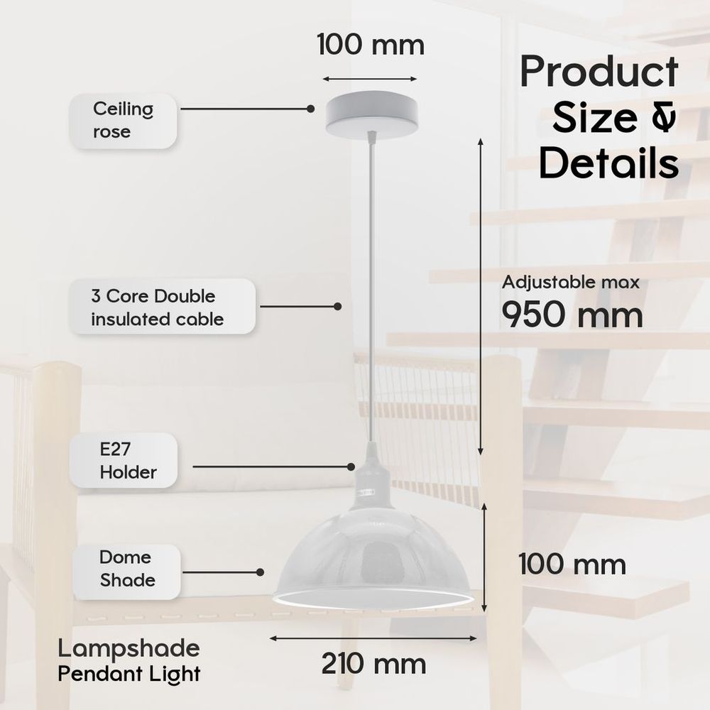 2-Pack Dome Shaped Metal Pendant Lights | Sturdy | White Finish | Inner White | 21cm | Spray Painted | Loft Style | Quality