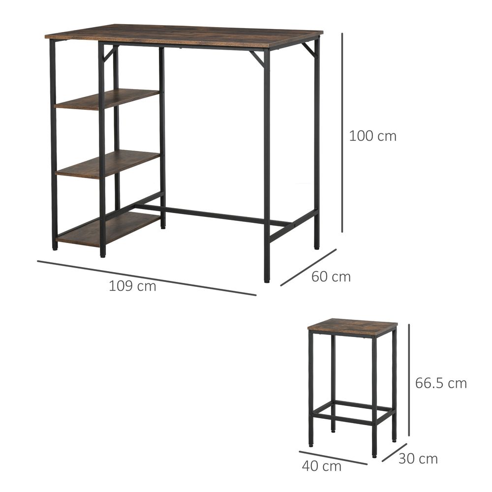 Industrial Bar Height Dining Set: 3PC Table, 2 Stools, Side Shelf - Sturdy & Stylish