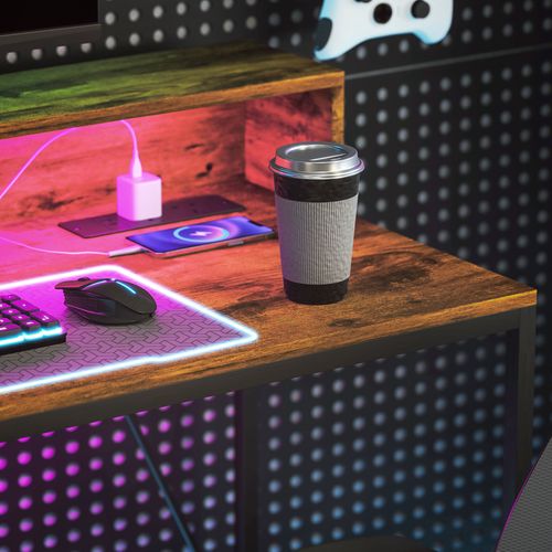 HOMCOM Computer Desk with LED Lights, Study Table with Shelf, Rustic Brown