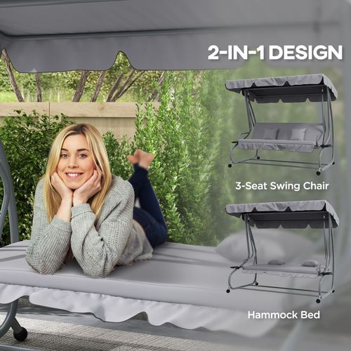 Outsunny 2-in-1 Garden Swing Chair for 3 Person w/ Adjustable Canopy, Grey