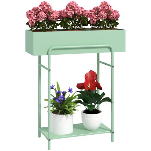 Outsunny 2 Tier Plant Stand, Metal Plant Rack with Drain Holes, Green