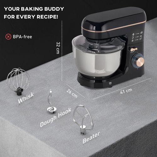 HOMCOM Electric Stand Mixer, 5L Food Mixer with Dough Hook, Whisk, Black