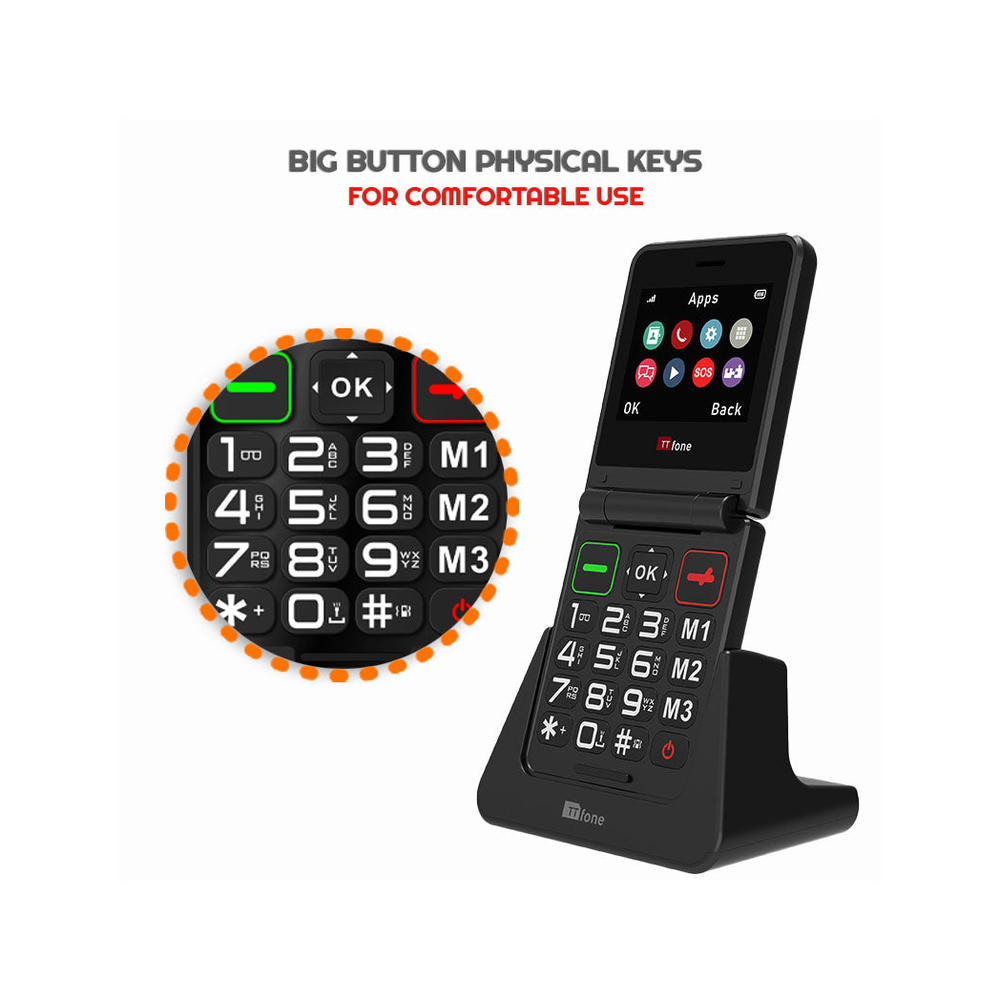 TTfone TT660 Flip Big Button Mobile - O2 Pay As You Go SIM, USB C Dock Charger - For Seniors, Unlocked