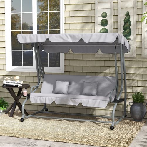 Outsunny 2-in-1 Garden Swing Chair for 3 Person w/ Adjustable Canopy, Grey