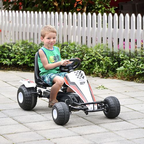 HOMCOM Kids Children Pedal Go Kart Manual Ride On Car w/Brake Gears Steering Wheel Adjustable Seat 4 Smooth Wheels Racing-Style White 104 x 66 x 57 cm