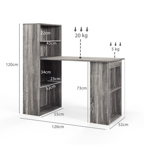 HOMCOM 120cm Computer Desk Bookshelf Writing Table Workstation 6 Shelves Grey