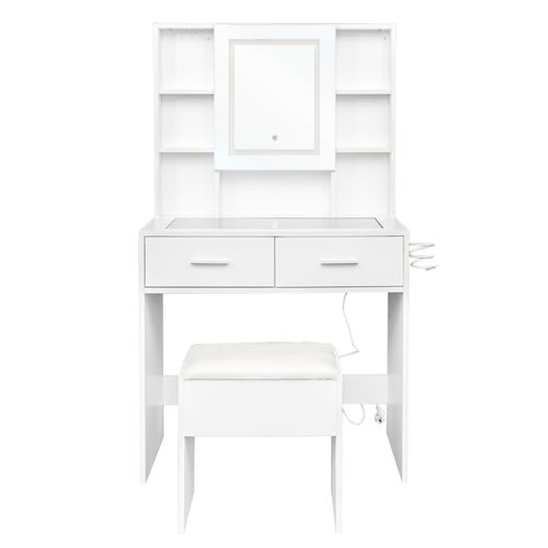 White, hemp surface particle board with triamine, 2 drawers and 4 shelves, dressing table set, LED three-color dimming touch mirror, with power strip, hair dryer holder, glass table top