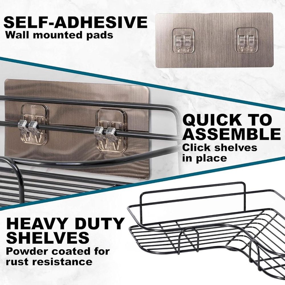 Space-Saving Black Corner Shower Caddy Set | Rust-Resistant | Nano Coating | Wall Mounted Adhesive | Set of 2