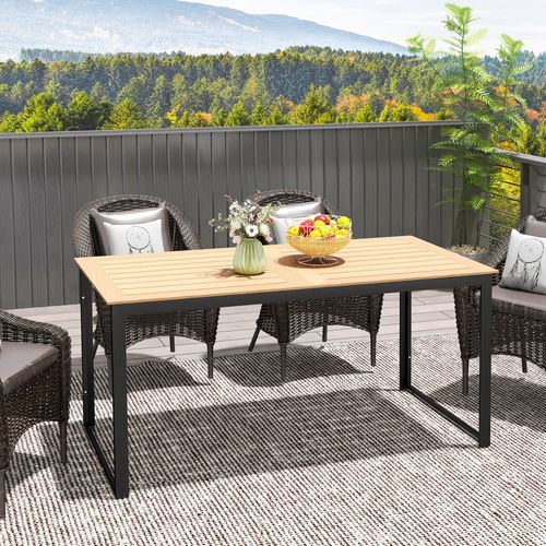 Outsunny Garden Table for 6 People with Slatted Table Top, Metal Frame, Teak