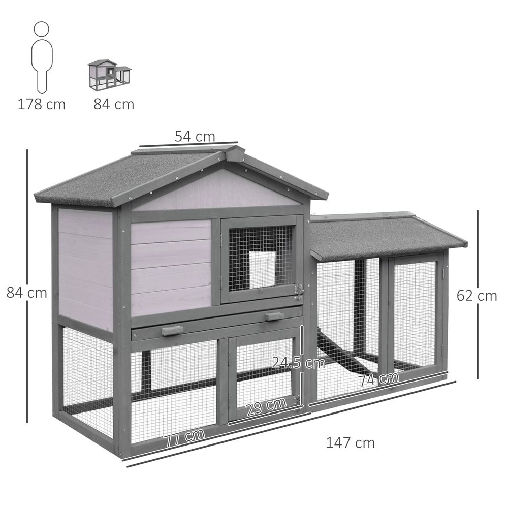 PawHut Wooden Rabbit Hutch Outdoor, Double Tier Guinea Pig Hutch, Small Animal House Water-Resistant Roof Ramp 147 x 54 x 84 cm