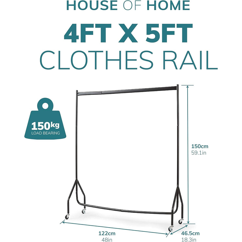 Superior Quality 4FT x 5FT Black Clothes Rail - Heavy Duty & Easy to Assemble - Extra Hanging Space