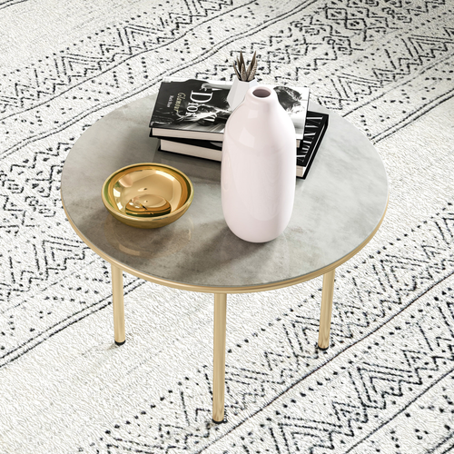 Outsunny Round Small Garden Table with Faux Marble Glass Top, Beige
