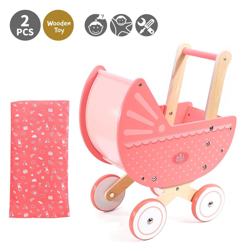 SOKA Doll World-Pram 0000470 - Aesthetic Pink Pram with Lace Trim & Polka Dots - High-End Design - Certified Quality