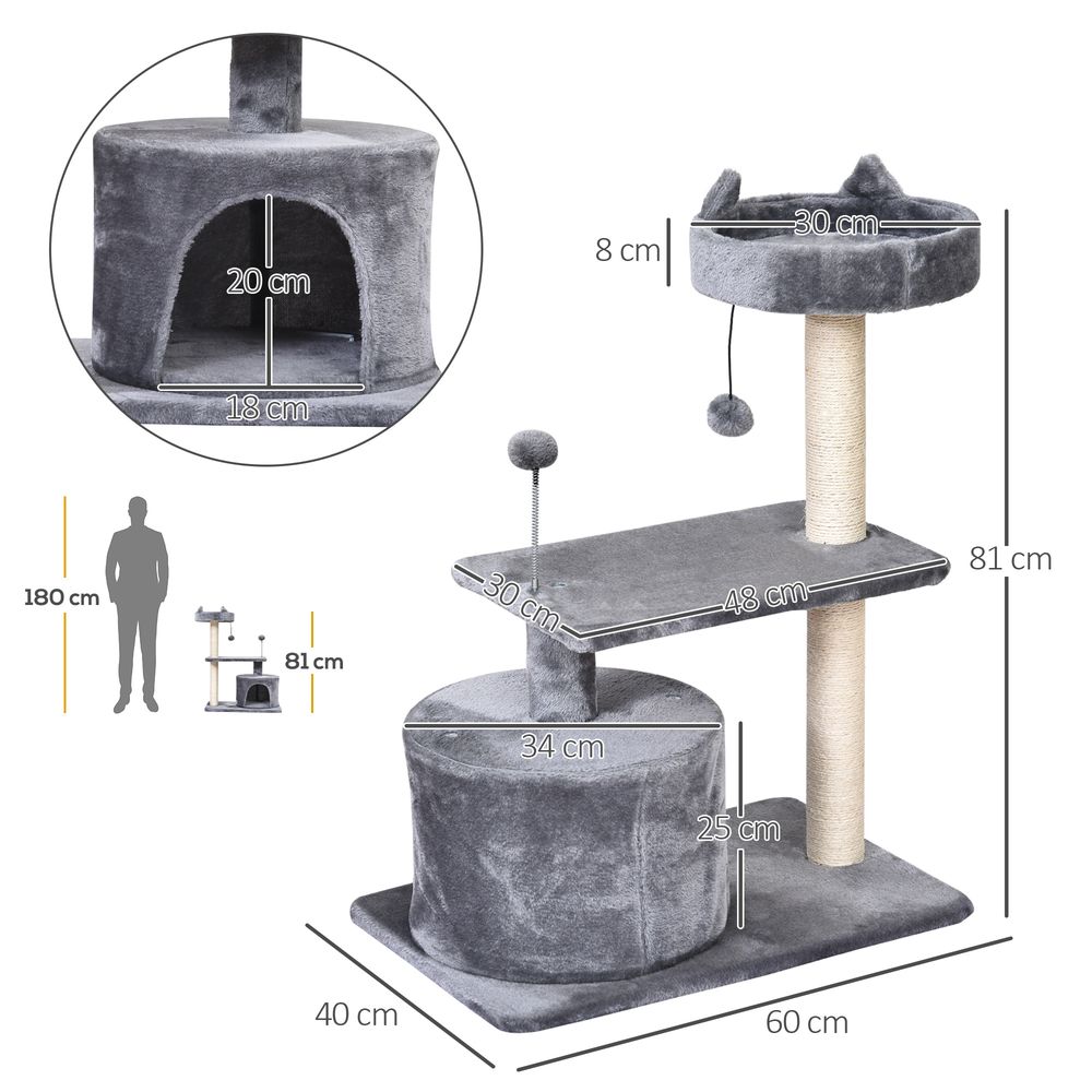 PawHut Mult-level Cat Tree Scratch Post Scratcher Climbing Tower Kitty Activity Center Condo Perch Jumping Platforms Grey 61L x 41W x 81H cm