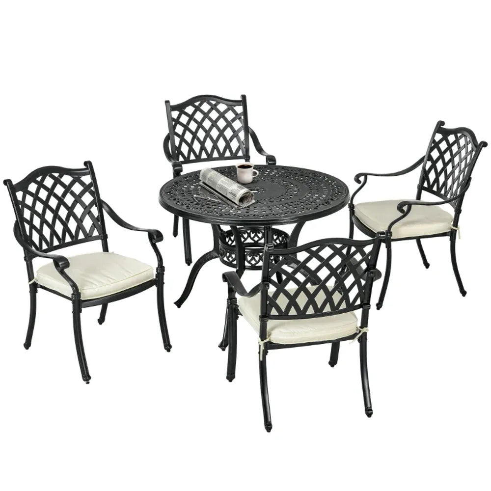 Premium Quality 4 Seater Dining Set | Cushions Included | Round Table with Parasol Hole | Bronze Finish