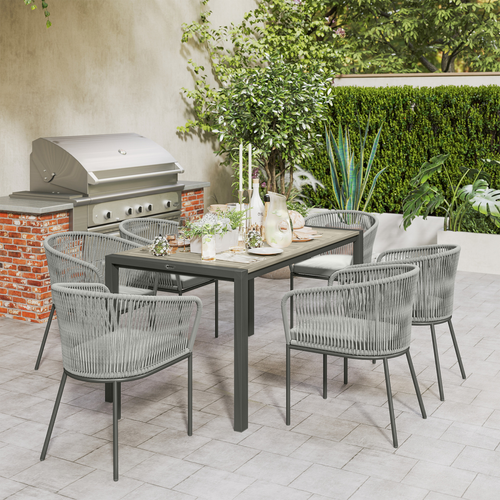 Outsunny 6 Seater Rattan Dining Set with Acacia Wood Table Top Seat Cushions