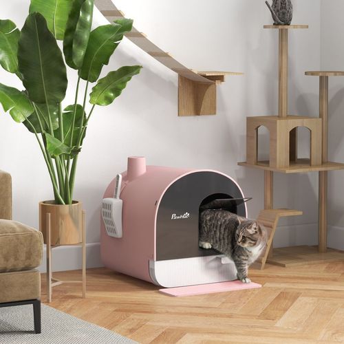 PawHut Cat Litter Box Kitten Litter Tray w/ Lid, Scoop, Filter, Flap Door, Pink