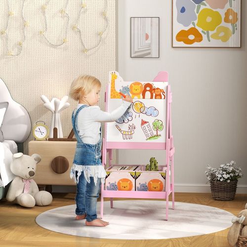 AIYAPLAY 2 in 1 Kids Easel with Whiteboard, Chalkboard, Storage Boxes, Pink