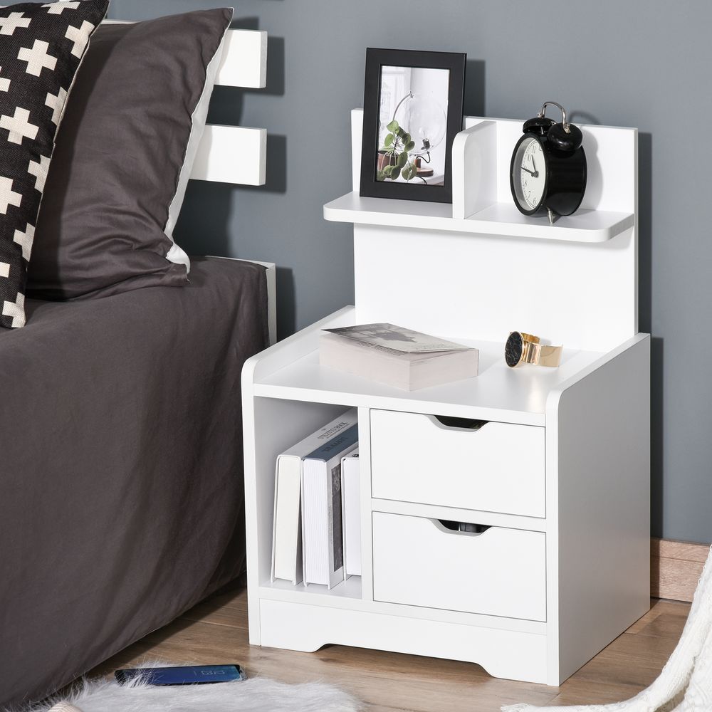 HOMCOM Bedside Table, Small Bedside Cabinet with 2 Drawers and Storage Shelves, Accent Table for Living Room, Bedroom, White