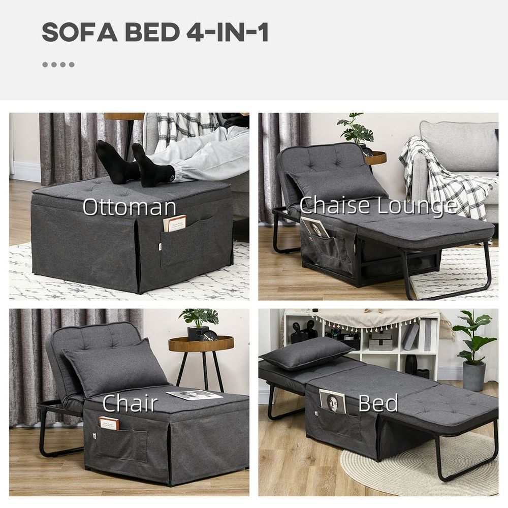 HOMCOM Folding Sleeper Chair Bed with Pillow and Side Pockets, Charcoal Grey