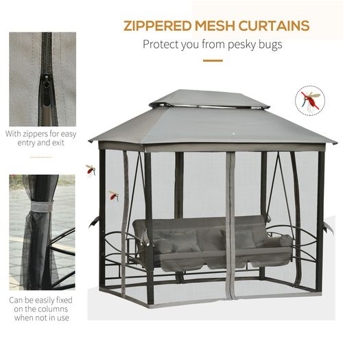 3 Seater Swing Chair Hammock Gazebo Double Tier Canopy, Cushioned Seat Grey