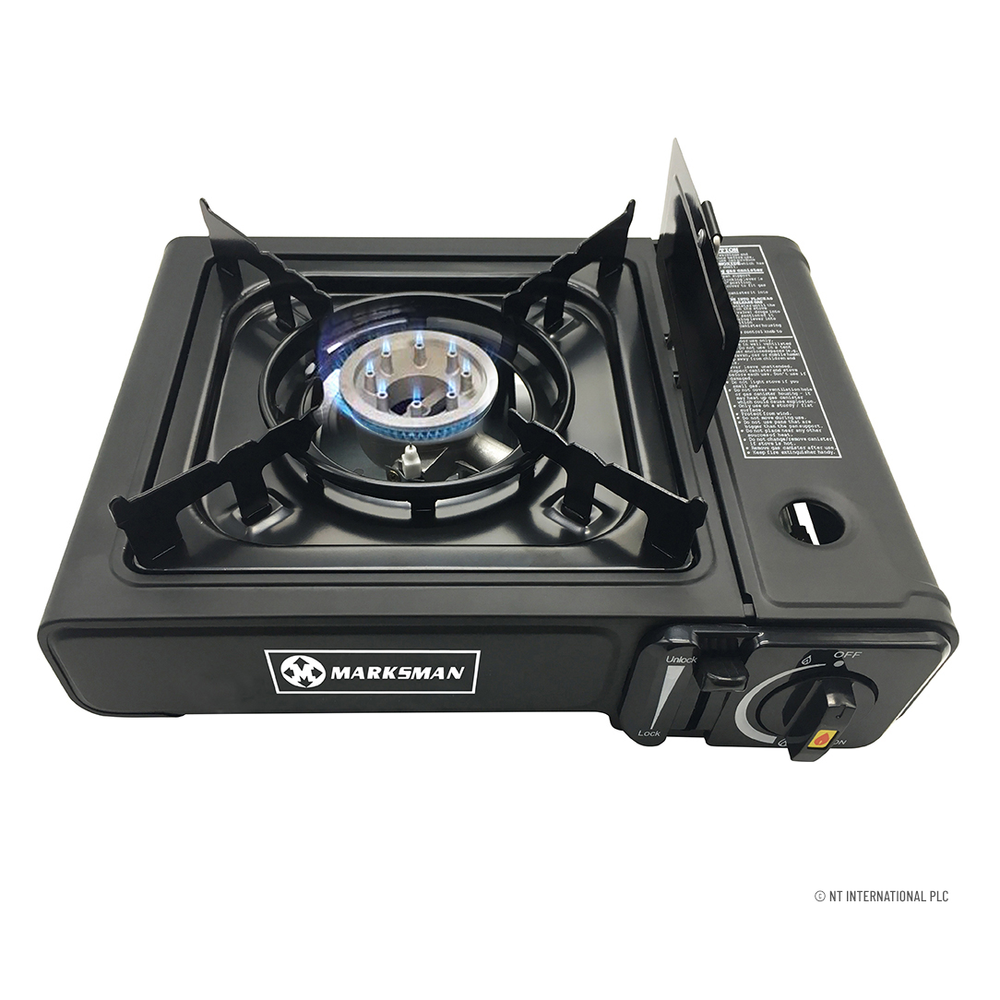 MARKSMAN Portable GAS COOKER Butane Camping Stove FREE Carry Case BBQ Outdoor Indoor Kitchen Hiking Single Burner Caravan House Party Boating Fishing Cookware Garden Patio Picnic Cooking Refills UK