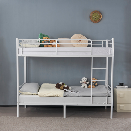 Twin Over Twin Bunk Bed for Kids Teens Adults, Heavy Duty Metal Bunk Bed with Ladder & Full-Length Guard Rail & Storage Space, White