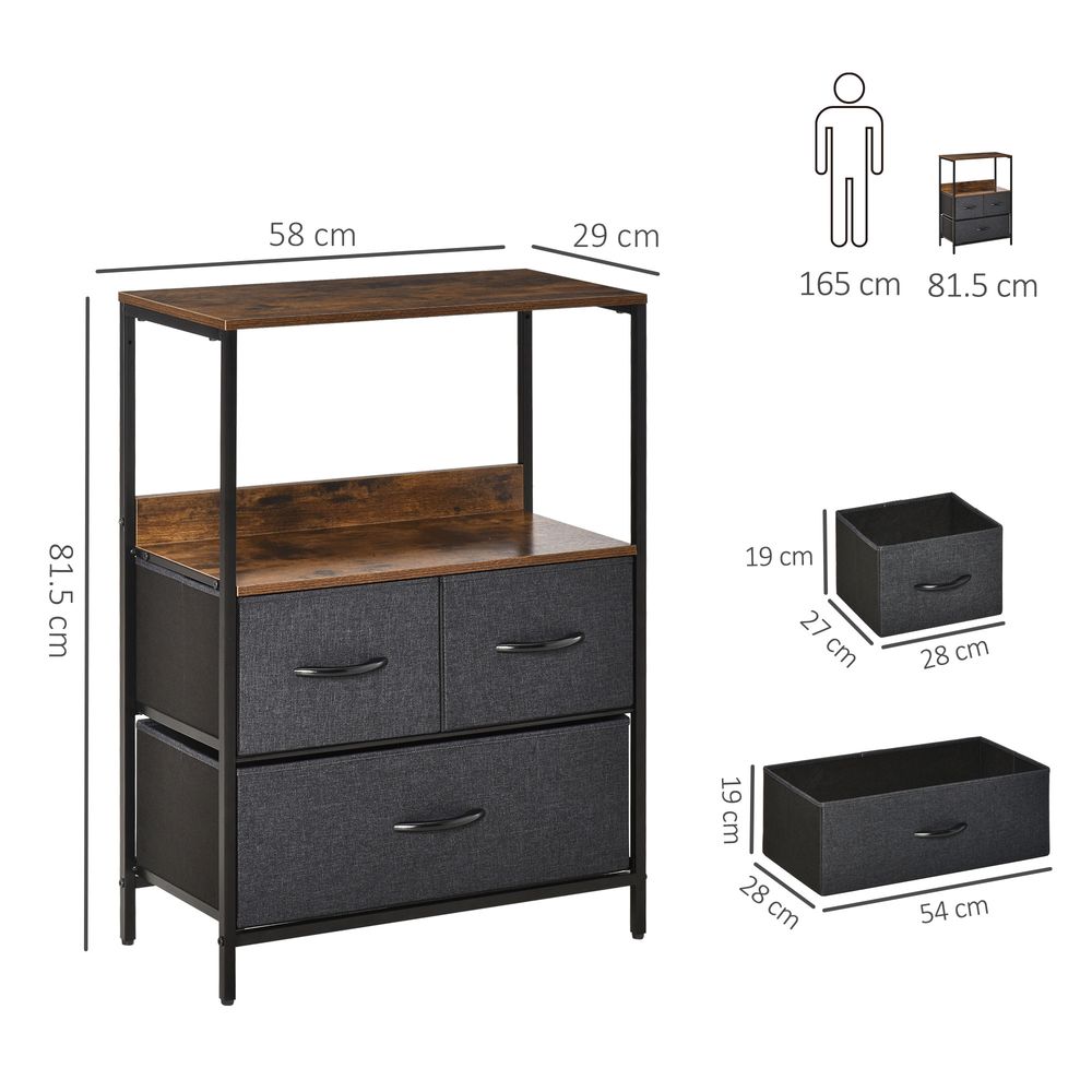 HOMCOM 3 Drawer Storage Chest Unit Home Cabinet w/Shelves Home Living Room Bedroom Entryway Living Furniture, Black