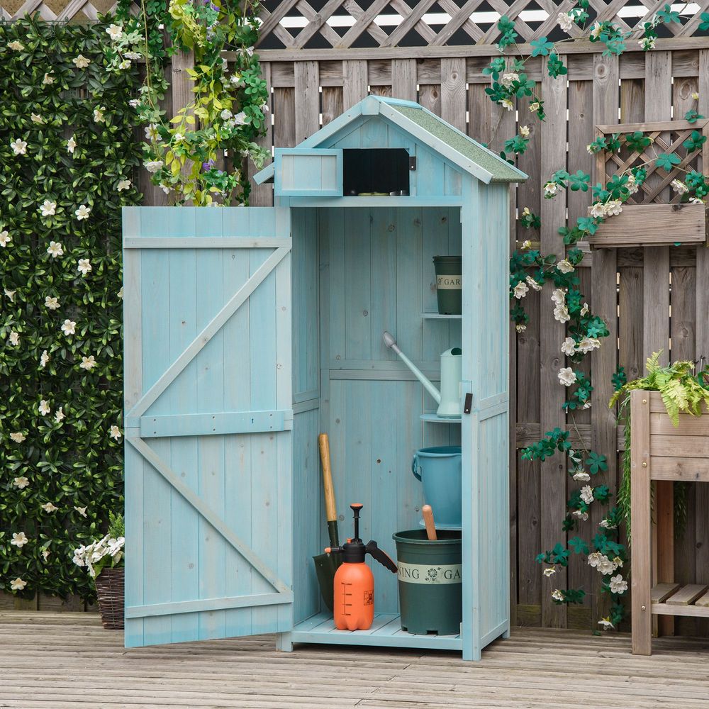Garden Shed Vertical Utility 3 Shelves Wood Tool Storage Unit Cabinet