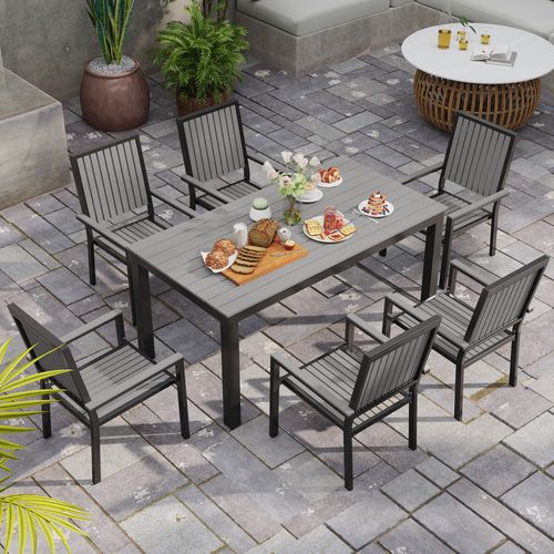 Outsunny 6 Seater Aluminium Garden Dining Set with Stackable Chairs, Grey